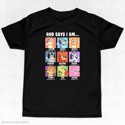 Let your child shine in this adorable God Says I Am Bluey Youth T-Shirt! Crafted from soft, comfortable fabric, it’s perfect for school, playtime, or casual outings and makes the best gift for Bluey fans.