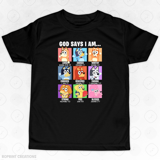 Let your child shine in this adorable God Says I Am Bluey Youth T-Shirt! Crafted from soft, comfortable fabric, it’s perfect for school, playtime, or casual outings and makes the best gift for Bluey fans.