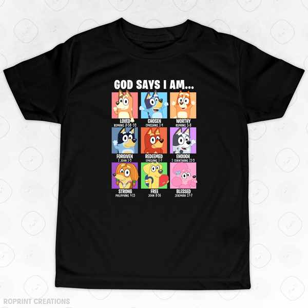 Let your child shine in this adorable God Says I Am Bluey Youth T-Shirt! Crafted from soft, comfortable fabric, it’s perfect for school, playtime, or casual outings and makes the best gift for Bluey fans.