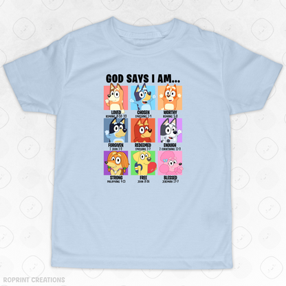 Let your child shine in this adorable God Says I Am Bluey Youth T-Shirt! Crafted from soft, comfortable fabric, it’s perfect for school, playtime, or casual outings and makes the best gift for Bluey fans.