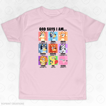 Let your child shine in this adorable God Says I Am Bluey Youth T-Shirt! Crafted from soft, comfortable fabric, it’s perfect for school, playtime, or casual outings and makes the best gift for Bluey fans.