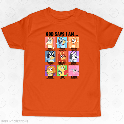 Let your child shine in this adorable God Says I Am Bluey Youth T-Shirt! Crafted from soft, comfortable fabric, it’s perfect for school, playtime, or casual outings and makes the best gift for Bluey fans.
