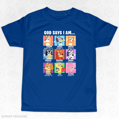 Let your child shine in this adorable God Says I Am Bluey Youth T-Shirt! Crafted from soft, comfortable fabric, it’s perfect for school, playtime, or casual outings and makes the best gift for Bluey fans.