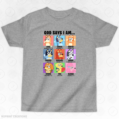 Let your child shine in this adorable God Says I Am Bluey Youth T-Shirt! Crafted from soft, comfortable fabric, it’s perfect for school, playtime, or casual outings and makes the best gift for Bluey fans.