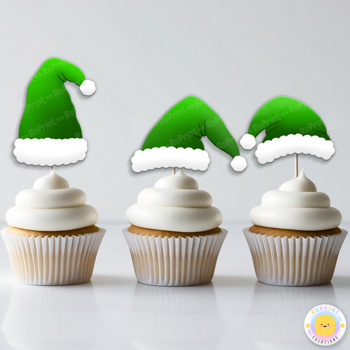 Digital printable Santa hat cupcake toppers, ideal for adding a festive touch to holiday party treats.