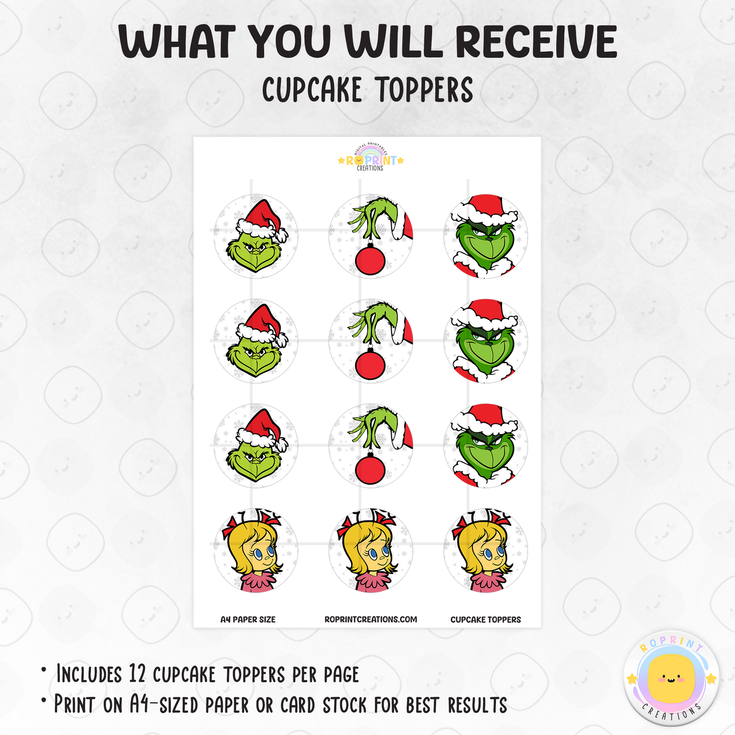 Add a festive Grinchmas touch to your treats with these Grinch snowflake cupcake toppers! Perfect for holiday parties—download, print, and decorate for an instant Christmas celebration. 🎄❄️ Digital File Only.
