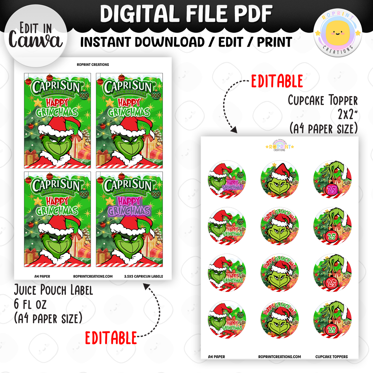 Add festive Grinchmas magic to your holiday celebration with this editable Christmas Party Favor Collection! Customize each design in Canva, then print at home or with a professional service for a fun and whimsical holiday party experience.