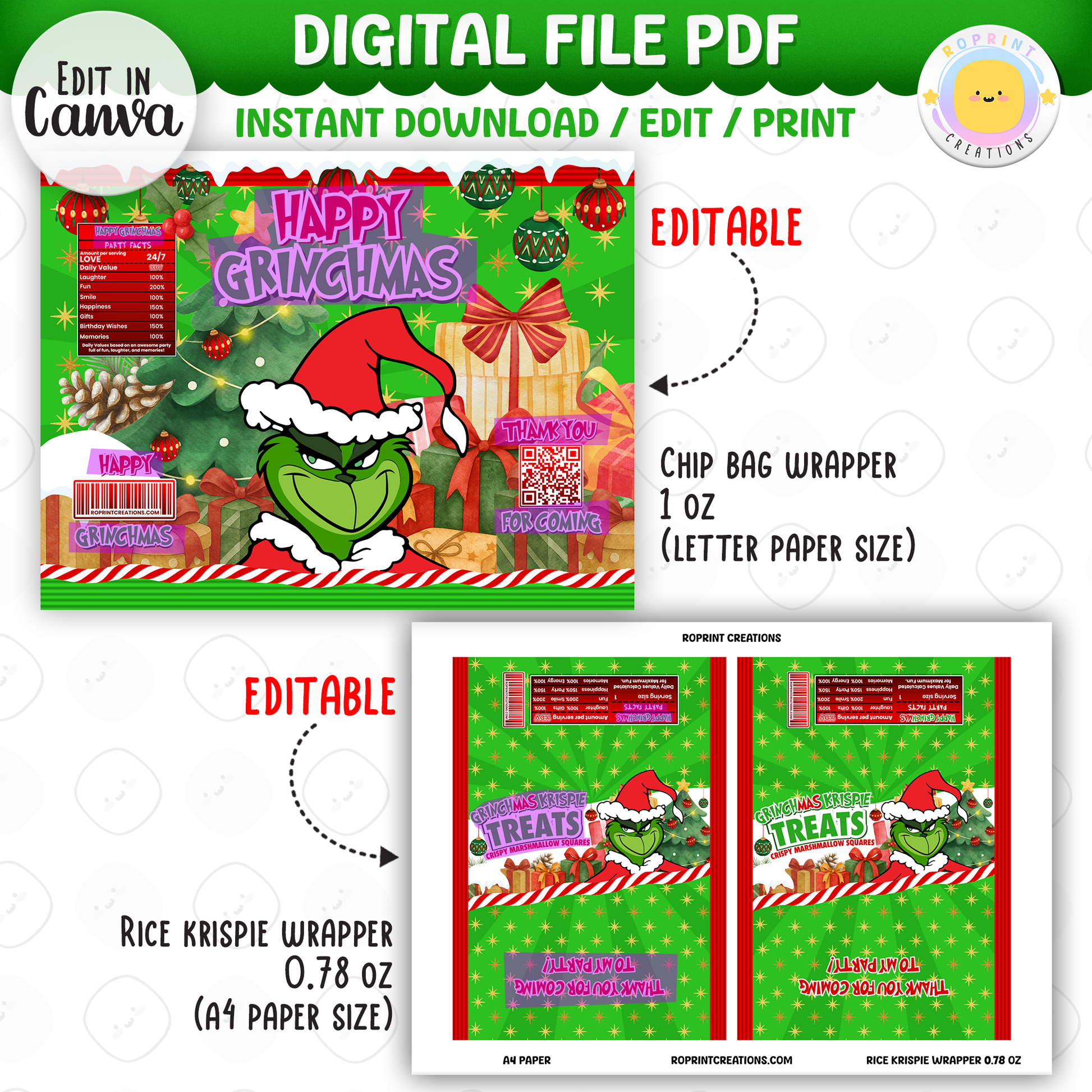 Add festive Grinchmas magic to your holiday celebration with this editable Christmas Party Favor Collection! Customize each design in Canva, then print at home or with a professional service for a fun and whimsical holiday party experience.