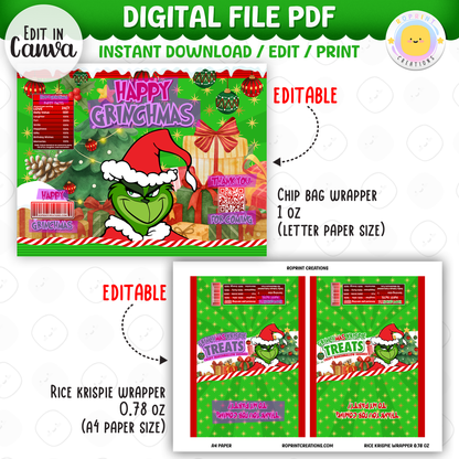 Add festive Grinchmas magic to your holiday celebration with this editable Christmas Party Favor Collection! Customize each design in Canva, then print at home or with a professional service for a fun and whimsical holiday party experience.