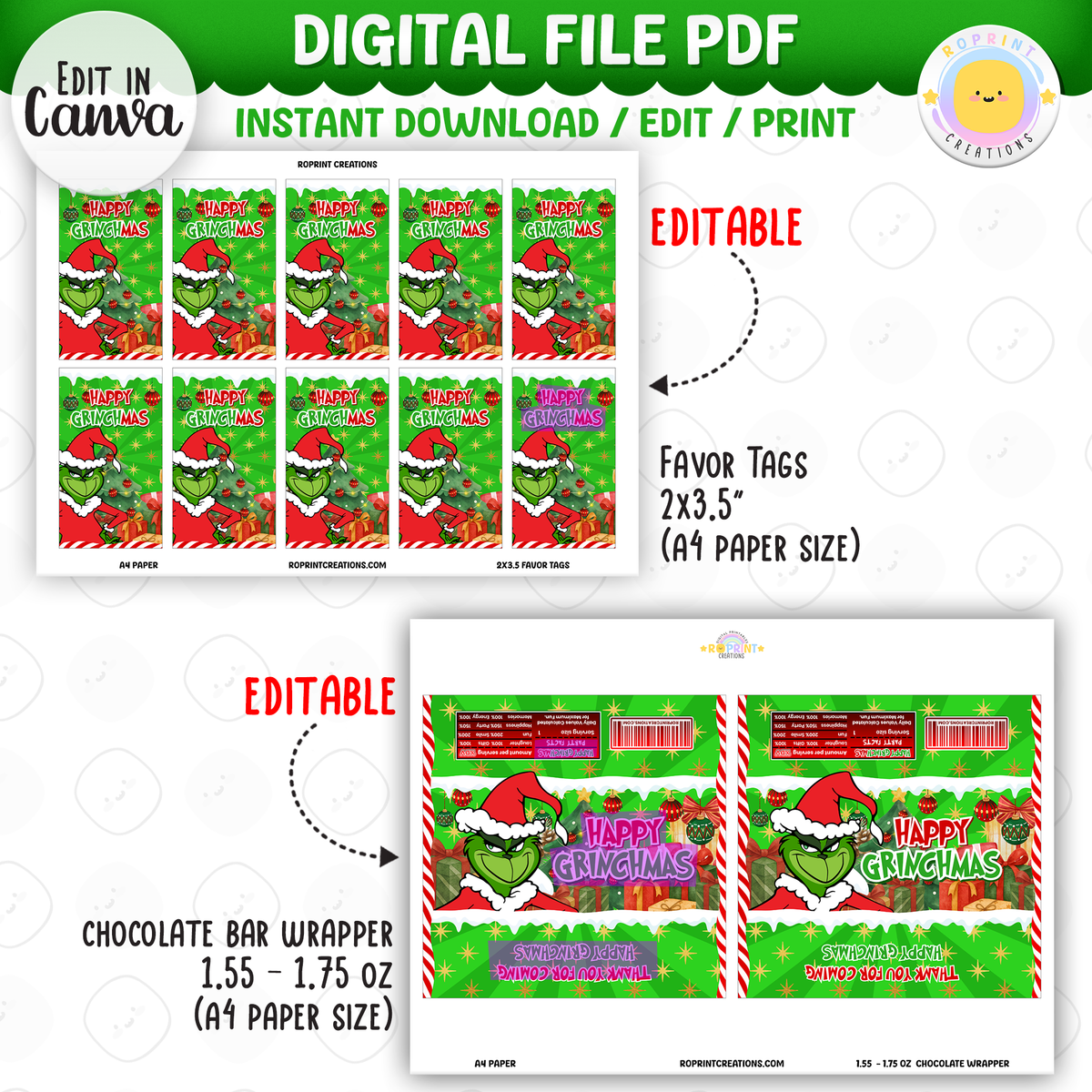 Add festive Grinchmas magic to your holiday celebration with this editable Christmas Party Favor Collection! Customize each design in Canva, then print at home or with a professional service for a fun and whimsical holiday party experience.