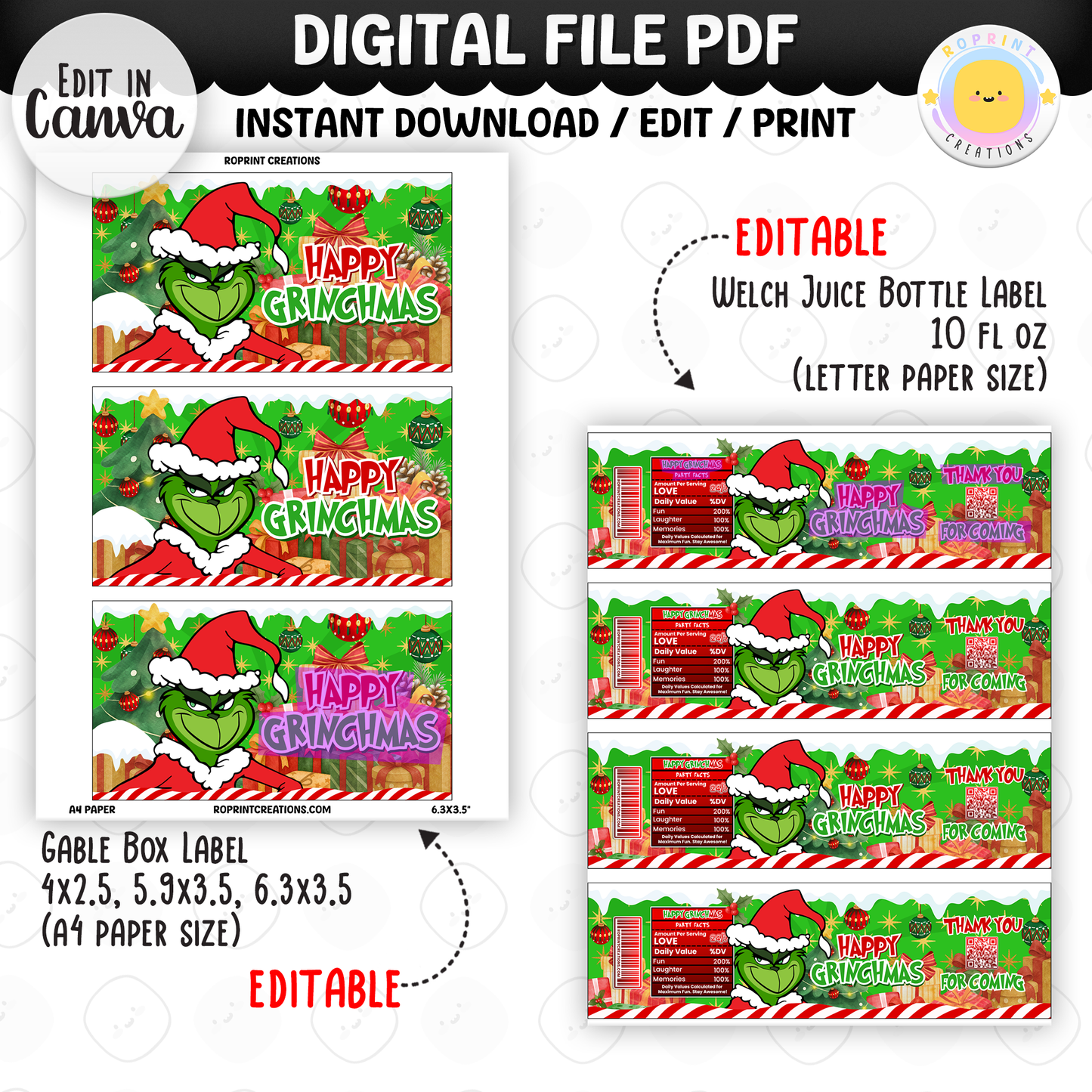 Add festive Grinchmas magic to your holiday celebration with this editable Christmas Party Favor Collection! Customize each design in Canva, then print at home or with a professional service for a fun and whimsical holiday party experience.