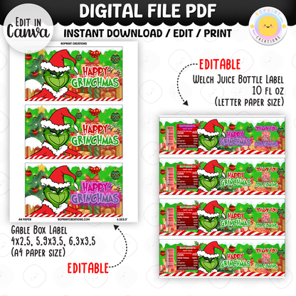 Add festive Grinchmas magic to your holiday celebration with this editable Christmas Party Favor Collection! Customize each design in Canva, then print at home or with a professional service for a fun and whimsical holiday party experience.