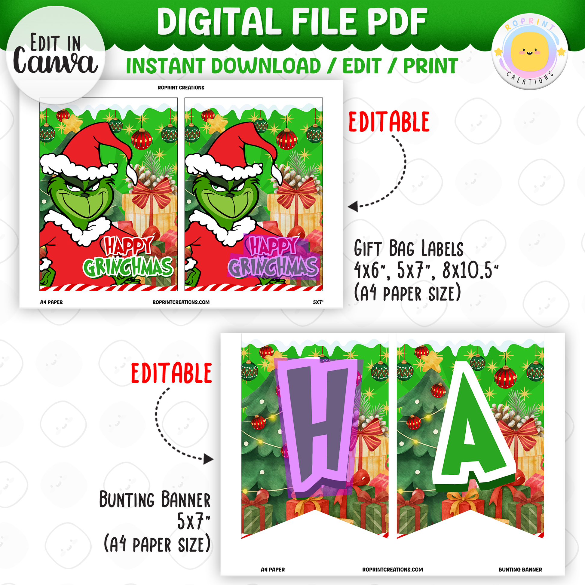 Add festive Grinchmas magic to your holiday celebration with this editable Christmas Party Favor Collection! Customize each design in Canva, then print at home or with a professional service for a fun and whimsical holiday party experience.
