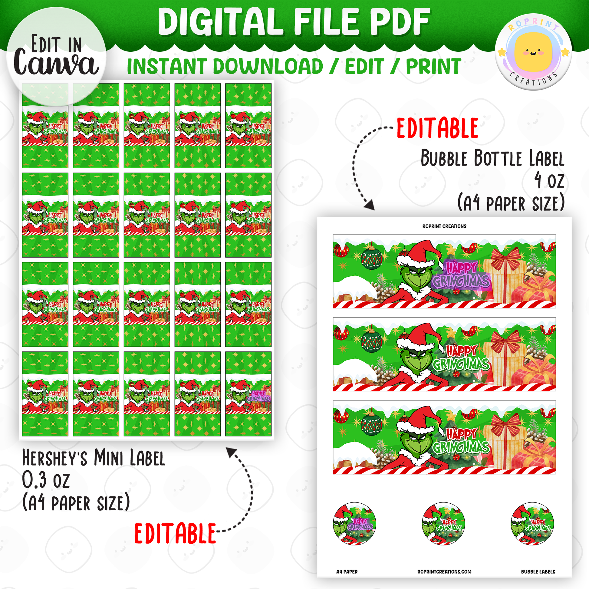 Add festive Grinchmas magic to your holiday celebration with this editable Christmas Party Favor Collection! Customize each design in Canva, then print at home or with a professional service for a fun and whimsical holiday party experience.