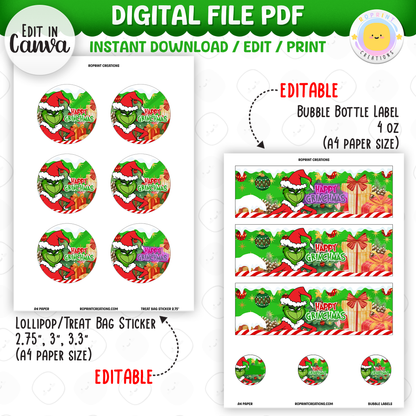 Add festive Grinchmas magic to your holiday celebration with this editable Christmas Party Favor Collection! Customize each design in Canva, then print at home or with a professional service for a fun and whimsical holiday party experience.