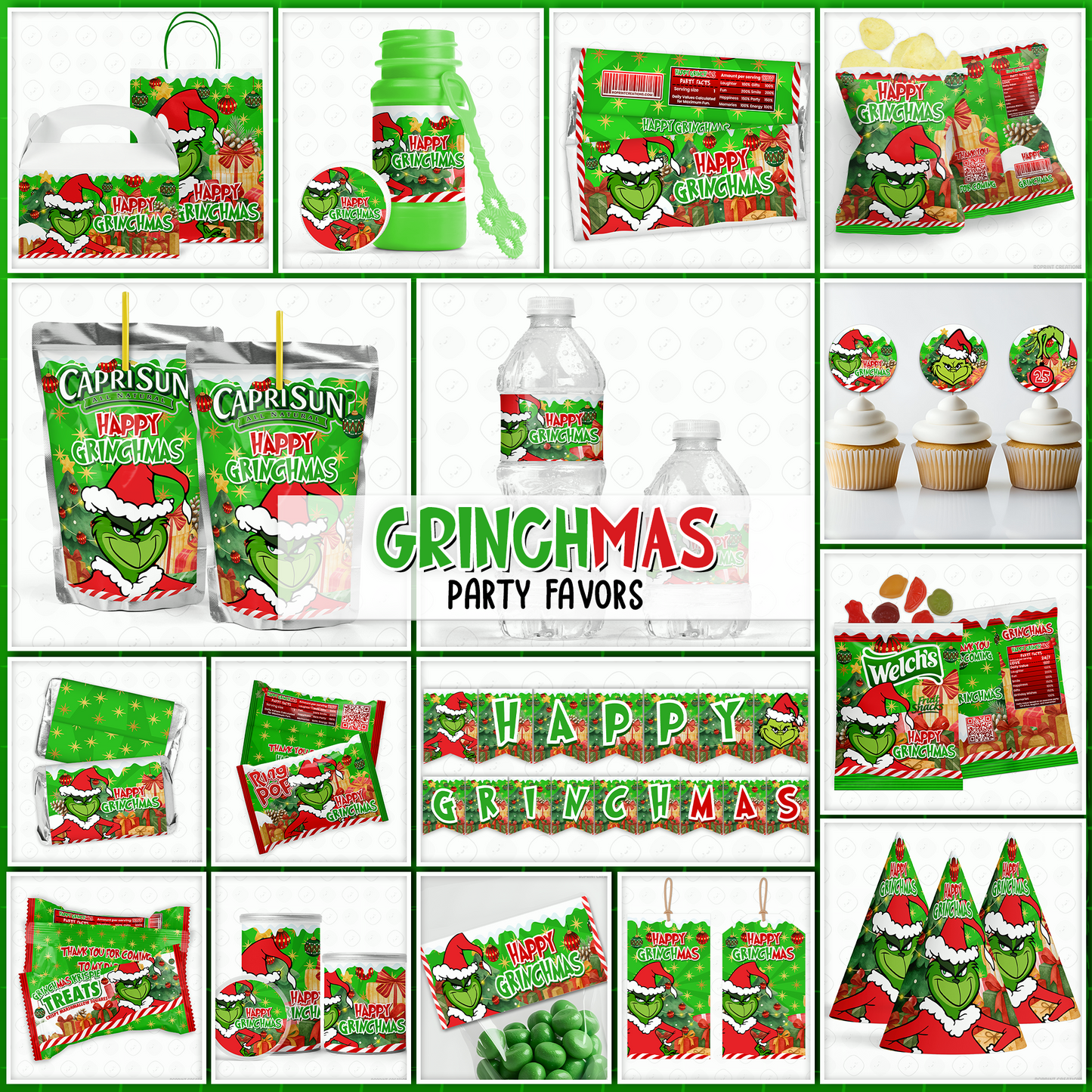 Add festive Grinchmas magic to your holiday celebration with this editable Christmas Party Favor Collection! Customize each design in Canva, then print at home or with a professional service for a fun and whimsical holiday party experience.