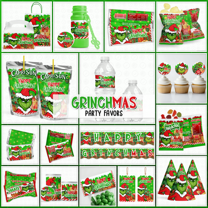 Add festive Grinchmas magic to your holiday celebration with this editable Christmas Party Favor Collection! Customize each design in Canva, then print at home or with a professional service for a fun and whimsical holiday party experience.