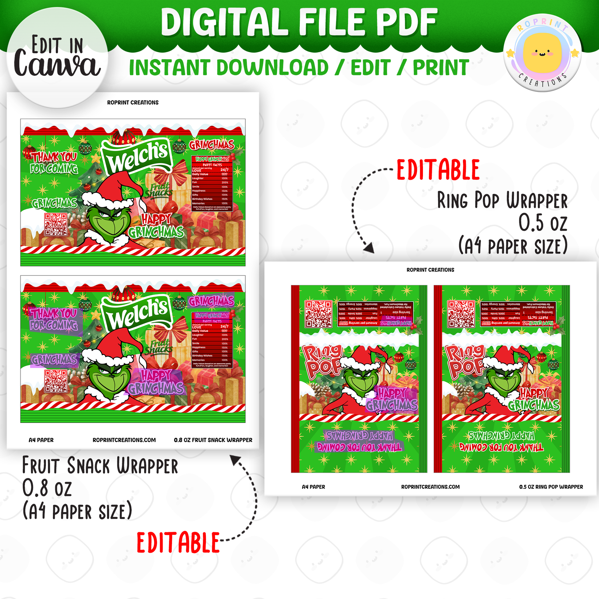 Add festive Grinchmas magic to your holiday celebration with this editable Christmas Party Favor Collection! Customize each design in Canva, then print at home or with a professional service for a fun and whimsical holiday party experience.