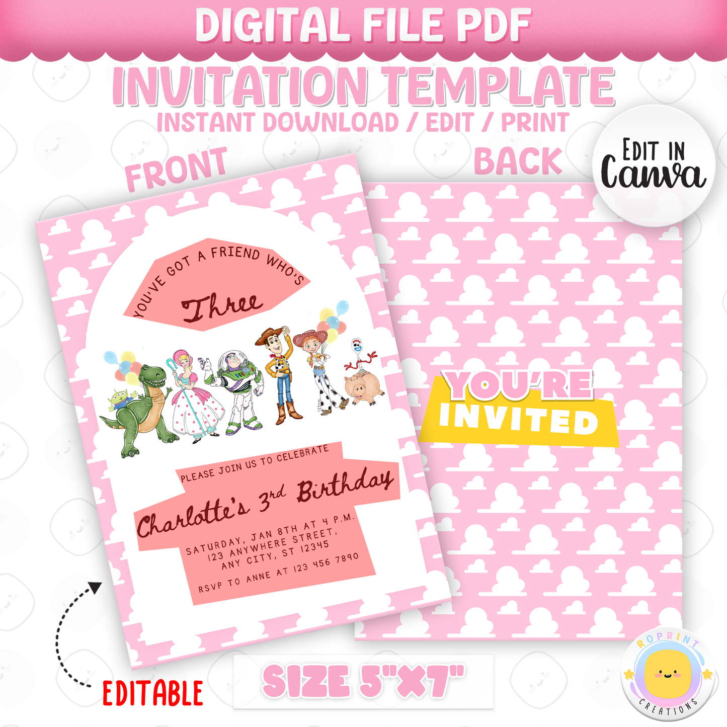 Girls Toy Story “You’ve Got a Friend Who’s Three” Invitation - Editable 3rd Birthday Invite