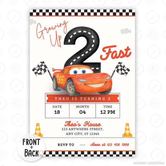 Growing up two fast! Race on over to celebrate with this Lightning McQueen 2nd birthday invitation template. Easily customize your party details in Canva, then print or share digitally with friends and family. Perfect for Cars-themed second birthday parties and race car fans!