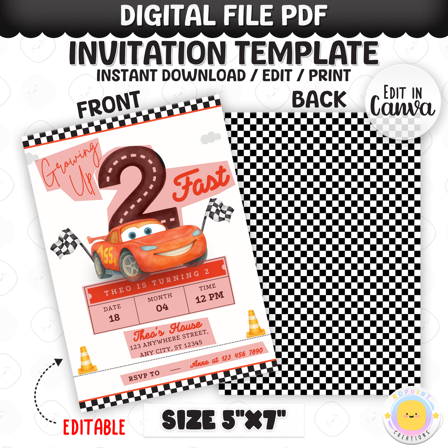 Growing up two fast! Race on over to celebrate with this Lightning McQueen 2nd birthday invitation template. Easily customize your party details in Canva, then print or share digitally with friends and family. Perfect for Cars-themed second birthday parties and race car fans!