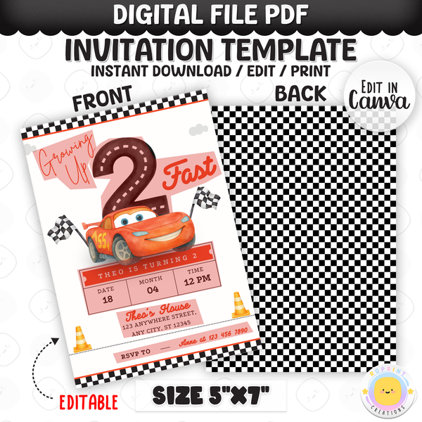 Growing up two fast! Race on over to celebrate with this Lightning McQueen 2nd birthday invitation template. Easily customize your party details in Canva, then print or share digitally with friends and family. Perfect for Cars-themed second birthday parties and race car fans!