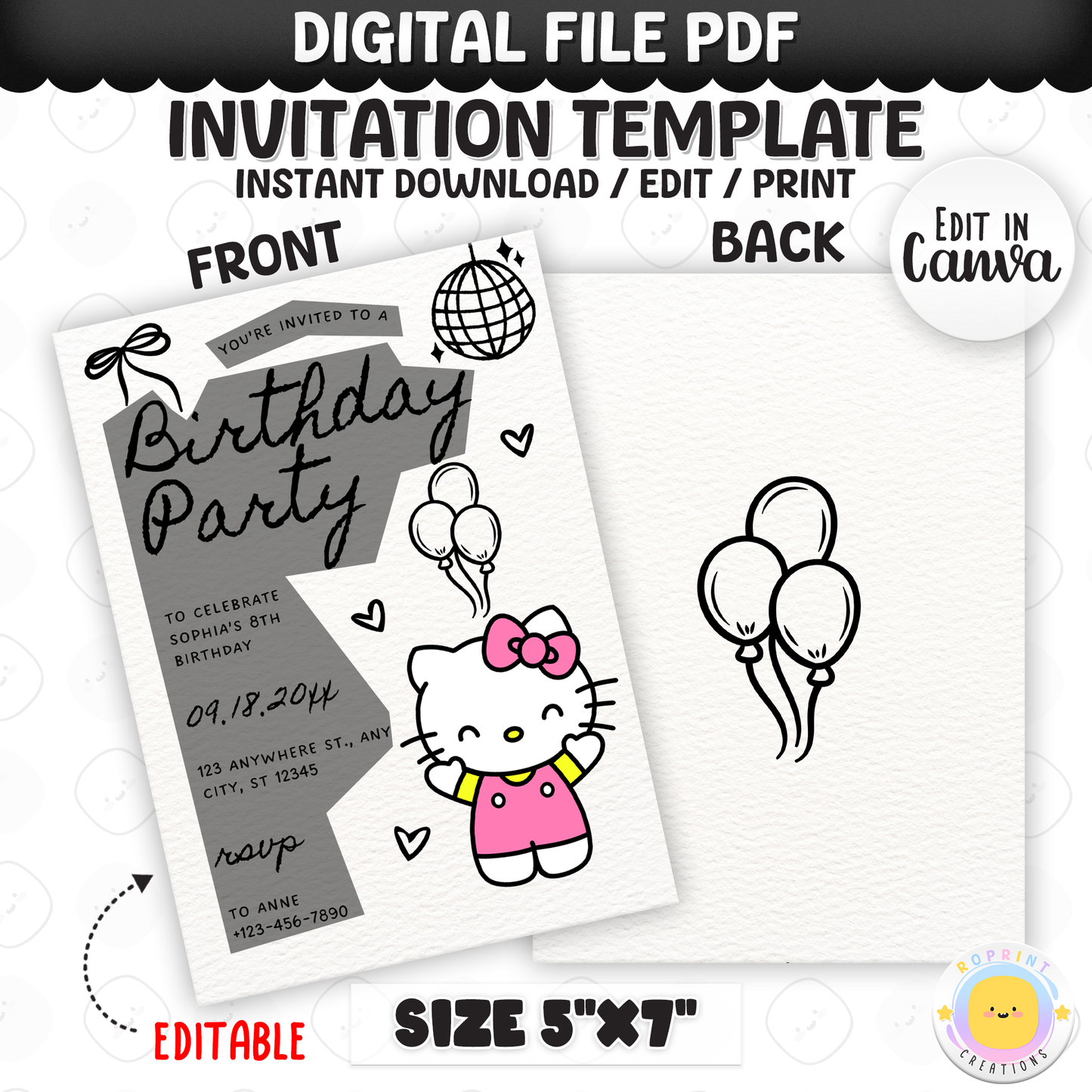 Celebrate with Hello Kitty! This cute birthday invitation is fully editable in Canva—print at home or share digitally for a fun party surprise. Instant download