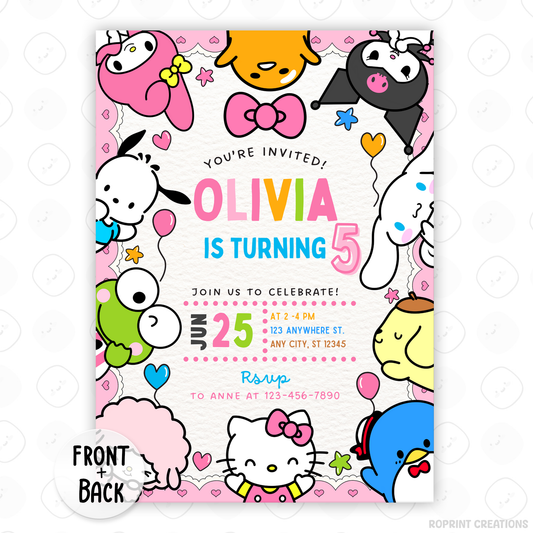 Celebrate with Hello Kitty & Friends! This cute pink birthday invitation is fully editable in Canva—print at home or share digitally for a fun party surprise. Instant download