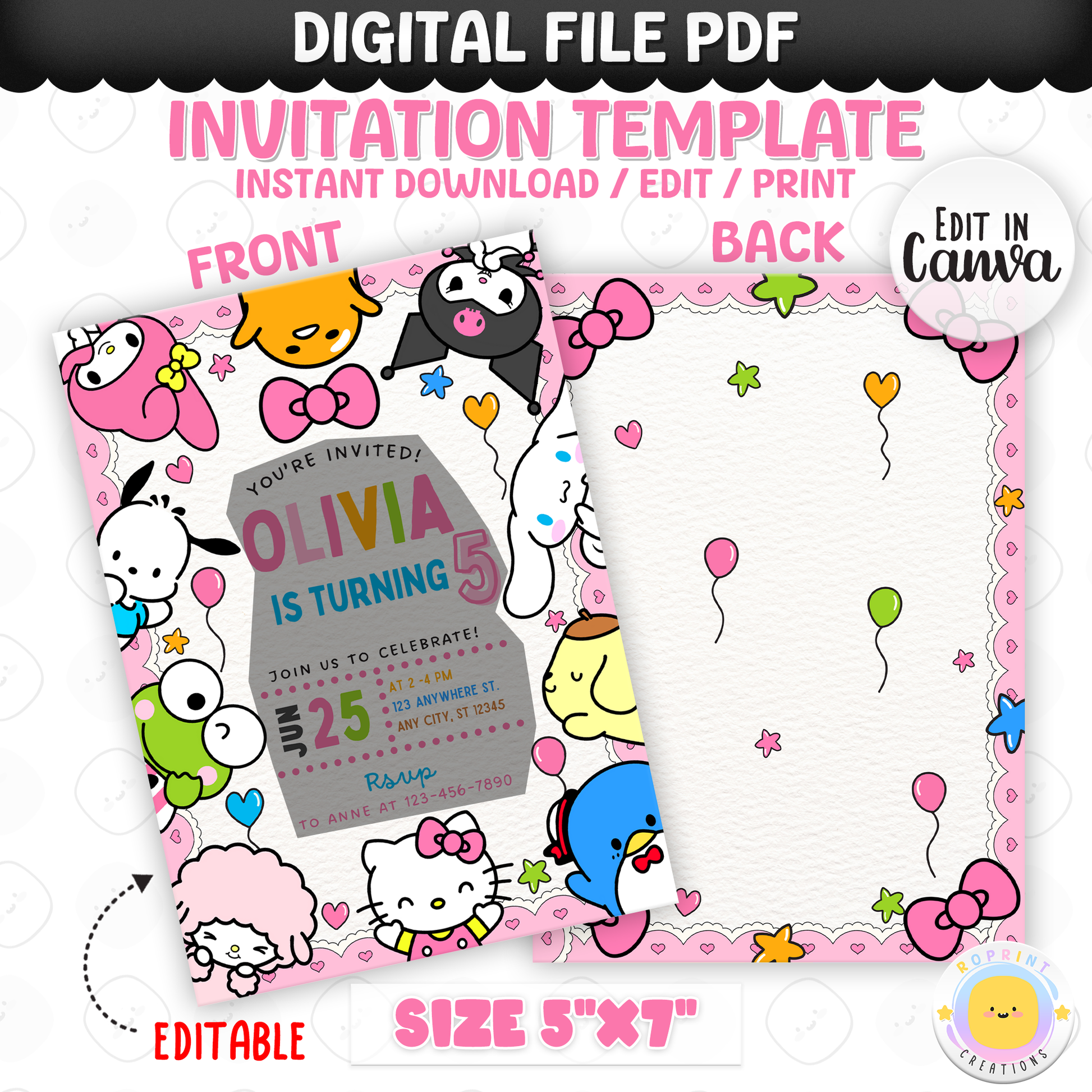 Celebrate with Hello Kitty & Friends! This cute pink birthday invitation is fully editable in Canva—print at home or share digitally for a fun party surprise. Instant download