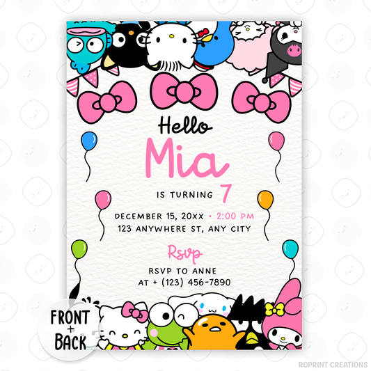 Celebrate with Hello Kitty & Friends! This cute pink birthday invitation is fully editable in Canva—print at home or share digitally for a fun party surprise. Instant download