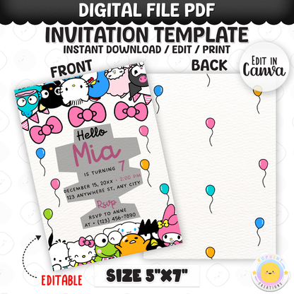 Celebrate with Hello Kitty & Friends! This cute pink birthday invitation is fully editable in Canva—print at home or share digitally for a fun party surprise. Instant download