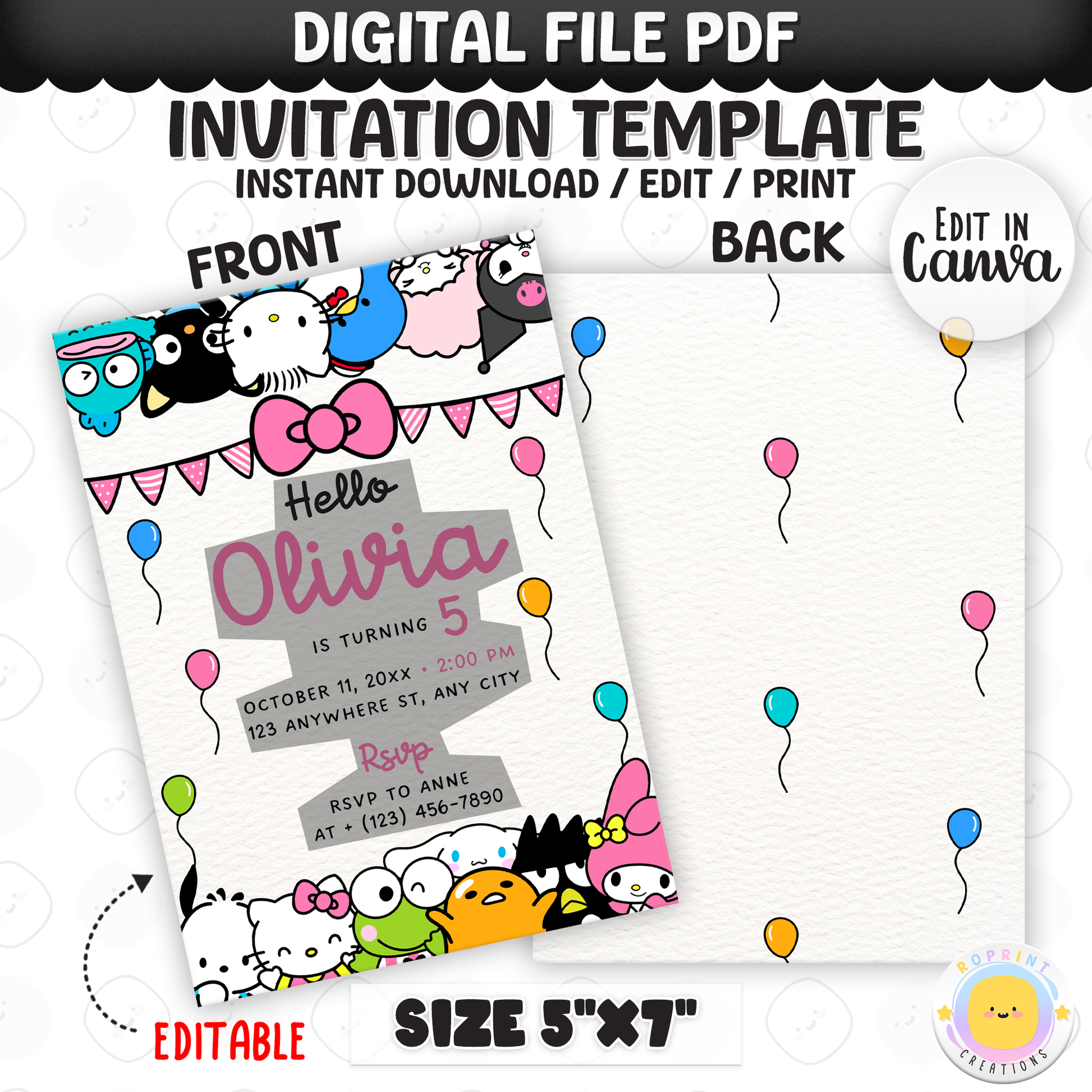 Celebrate with Hello Kitty & Friends! This cute pink birthday invitation is fully editable in Canva—print at home or share digitally for a fun party surprise. Instant download