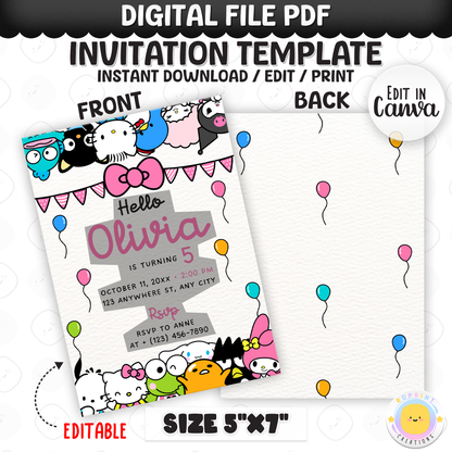 Celebrate with Hello Kitty & Friends! This cute pink birthday invitation is fully editable in Canva—print at home or share digitally for a fun party surprise. Instant download