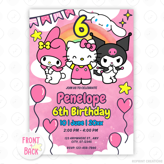 Celebrate with Hello Kitty & Friends! This cute birthday invitation is fully editable in Canva—print at home or share digitally for a fun party surprise. Instant download