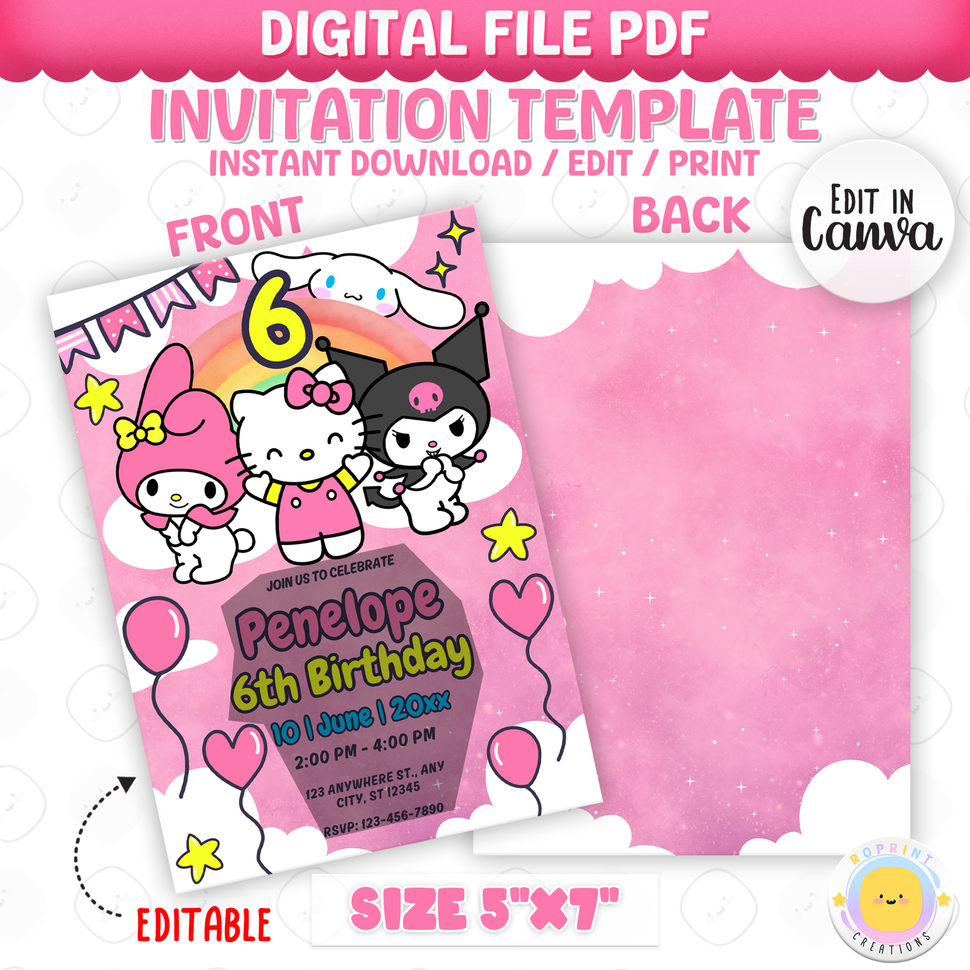 Celebrate with Hello Kitty & Friends! This cute birthday invitation is fully editable in Canva—print at home or share digitally for a fun party surprise. Instant download