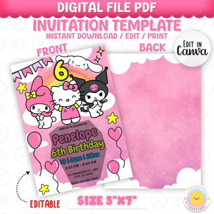 Celebrate with Hello Kitty & Friends! This cute birthday invitation is fully editable in Canva—print at home or share digitally for a fun party surprise. Instant download