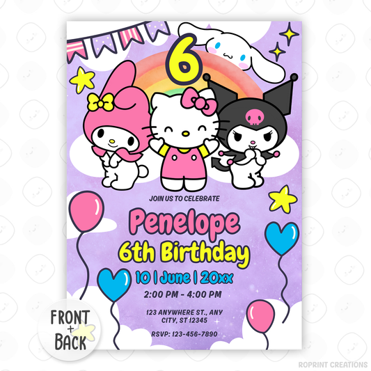 Celebrate with Hello Kitty & Friends! This cute purple birthday invitation is fully editable in Canva—print at home or share digitally for a fun party surprise. Instant download