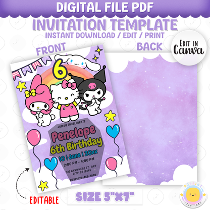 Celebrate with Hello Kitty & Friends! This cute purple birthday invitation is fully editable in Canva—print at home or share digitally for a fun party surprise. Instant download