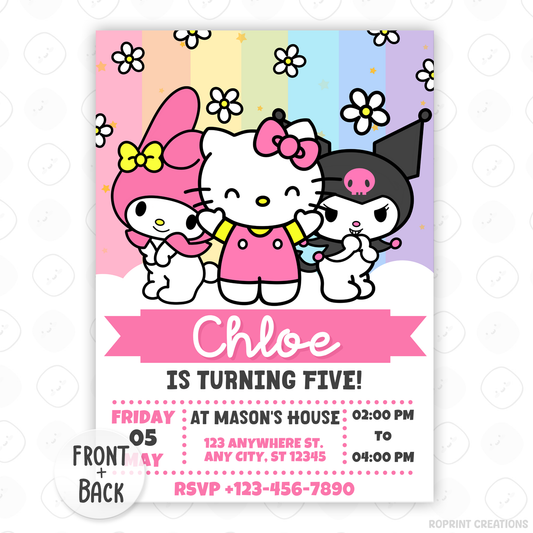 Celebrate with Hello Kitty & Friends! This cute Pastel Rainbow birthday invitation is fully editable in Canva—print at home or share digitally for a fun party surprise. Instant download