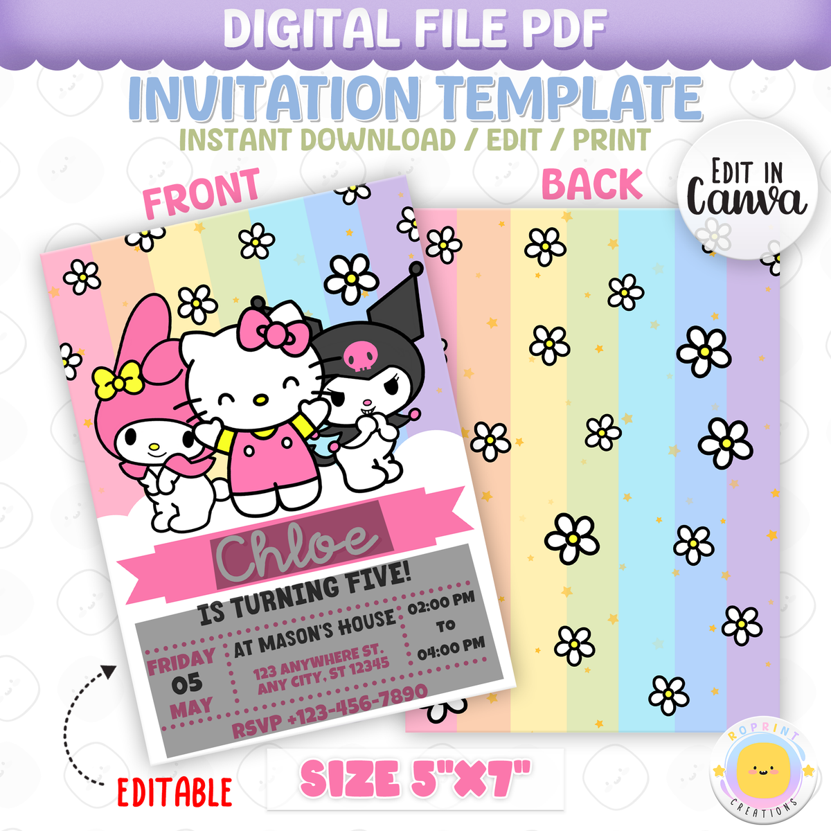 Celebrate with Hello Kitty & Friends! This cute Pastel Rainbow birthday invitation is fully editable in Canva—print at home or share digitally for a fun party surprise. Instant download