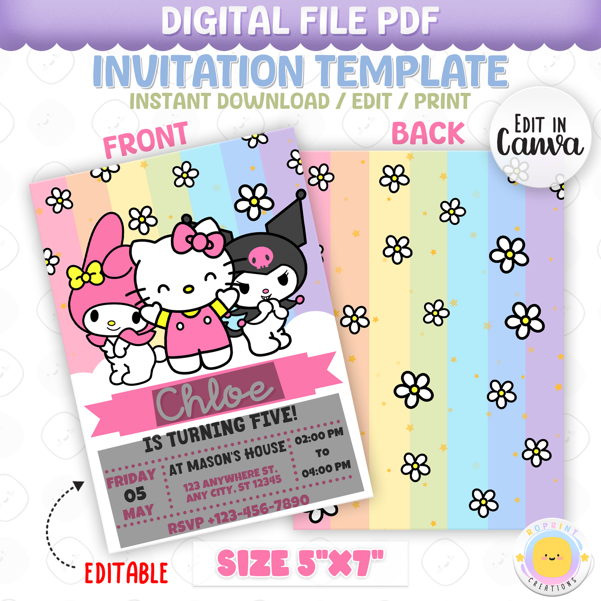 Celebrate with Hello Kitty & Friends! This cute Pastel Rainbow birthday invitation is fully editable in Canva—print at home or share digitally for a fun party surprise. Instant download