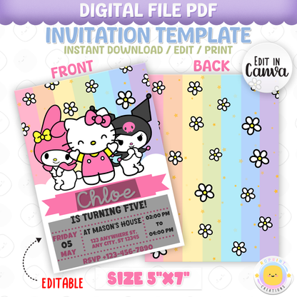Celebrate with Hello Kitty & Friends! This cute Pastel Rainbow birthday invitation is fully editable in Canva—print at home or share digitally for a fun party surprise. Instant download