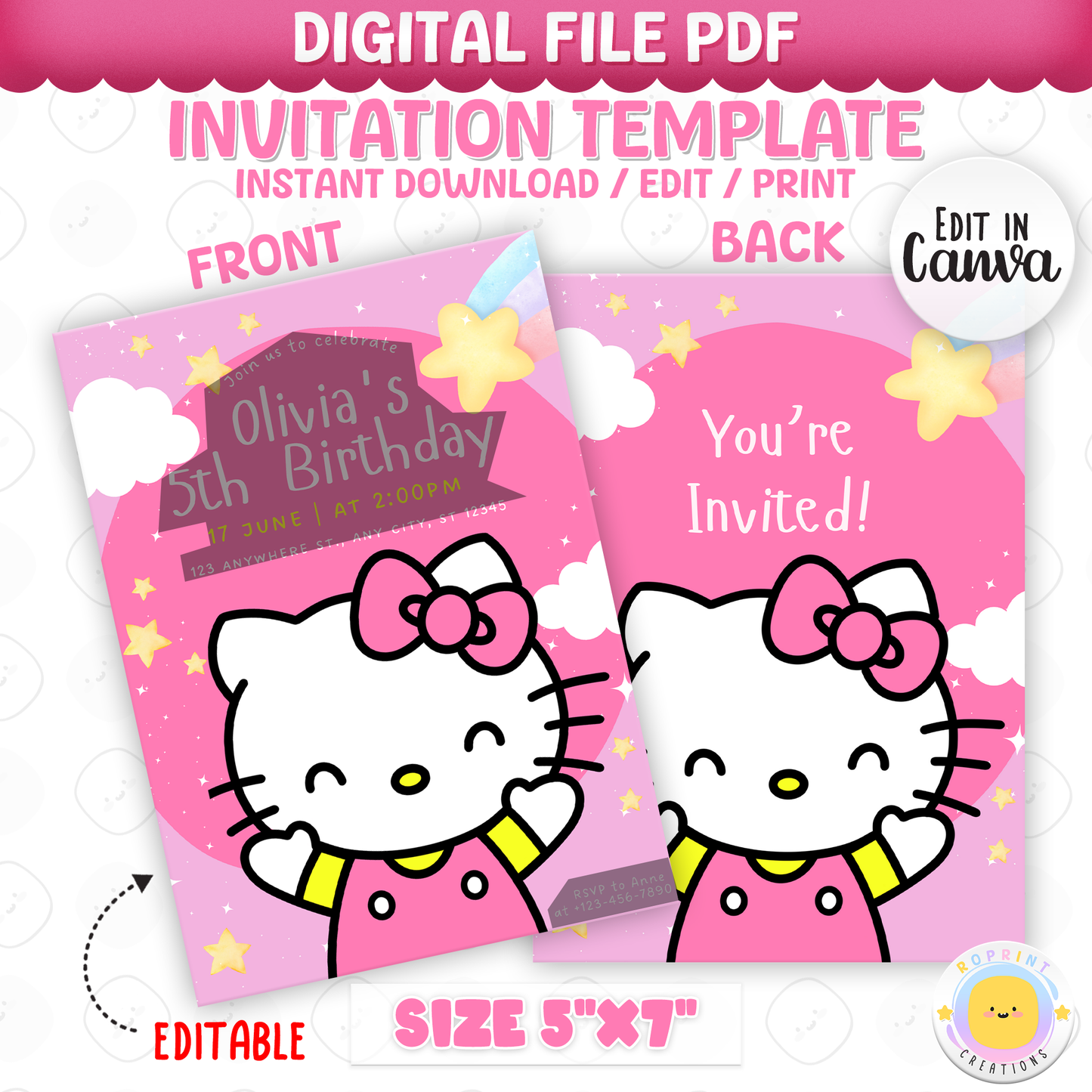 Celebrate with Hello Kitty! This cute birthday invitation is fully editable in Canva—print at home or share digitally for a fun party surprise. Instant download
