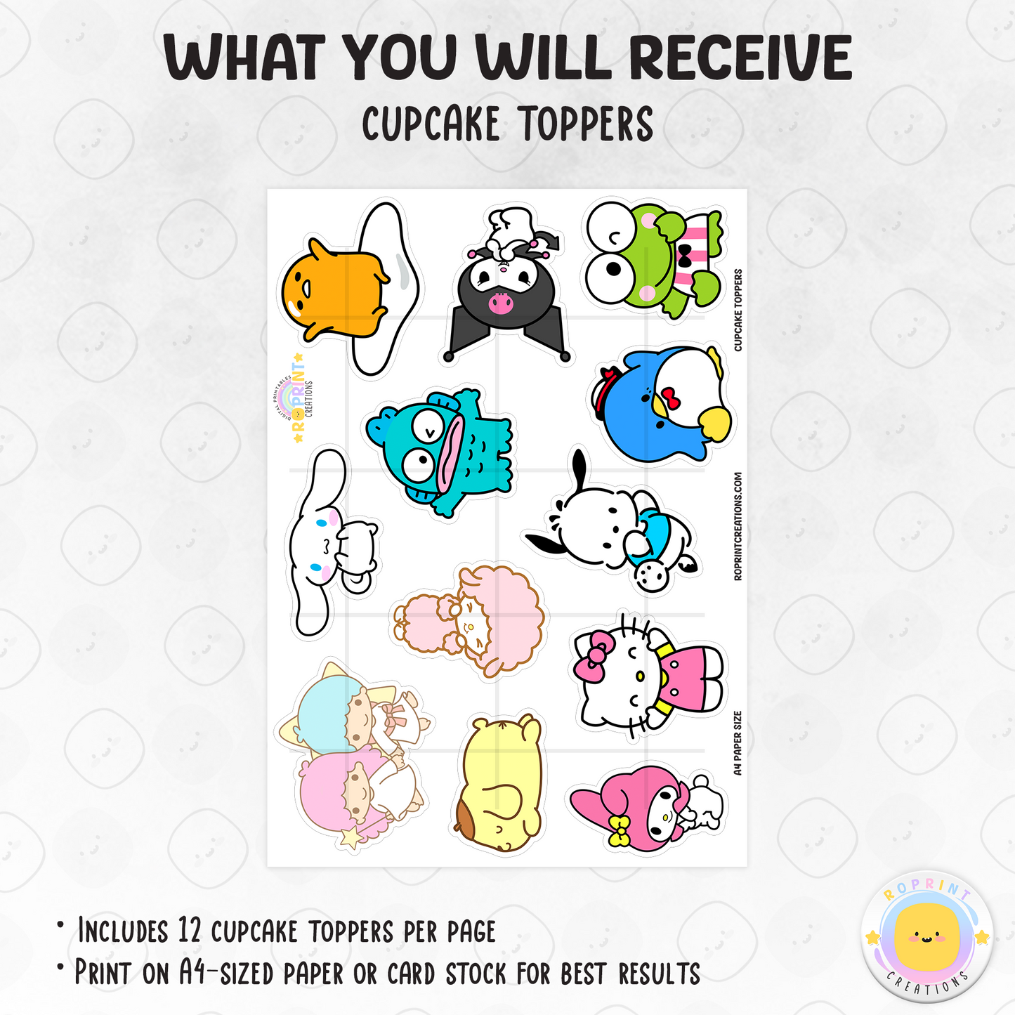 Add a sweet touch to your treats with these Hello Kitty & Friends cupcake toppers! Perfect for kids’ birthdays—print on cardstock, edible paper, or make into stickers.