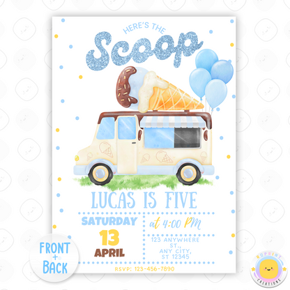 Here’s the scoop – a cool birthday is coming!
This fun blue ice cream truck invitation is the perfect way to announce your little guy’s sweet celebration. Featuring glitter-style “Here’s the Scoop” text, bold colors, and a playful dessert theme, this editable template is great for boys' birthdays, summer parties, or any ice cream-themed event. Instant download.