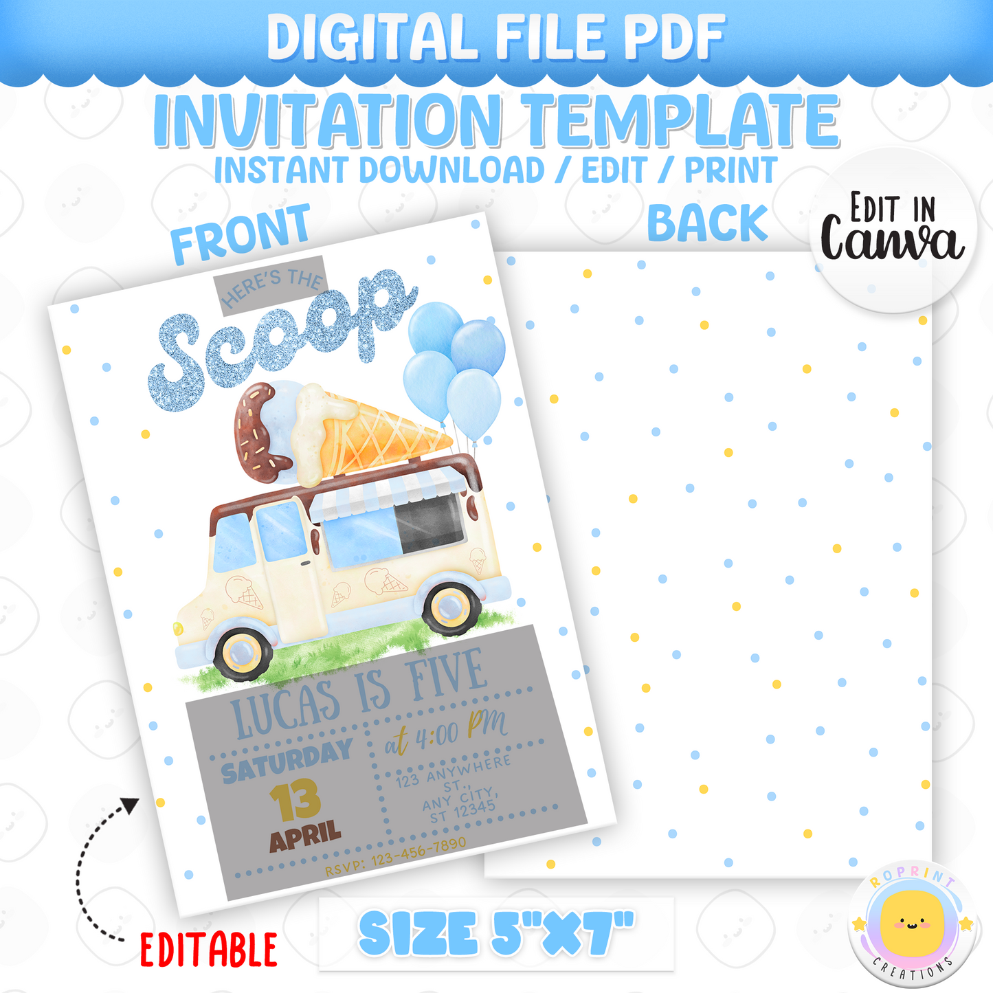 Here’s the scoop – a cool birthday is coming!
This fun blue ice cream truck invitation is the perfect way to announce your little guy’s sweet celebration. Featuring glitter-style “Here’s the Scoop” text, bold colors, and a playful dessert theme, this editable template is great for boys' birthdays, summer parties, or any ice cream-themed event. Instant download.