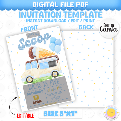 Here’s the scoop – a cool birthday is coming!
This fun blue ice cream truck invitation is the perfect way to announce your little guy’s sweet celebration. Featuring glitter-style “Here’s the Scoop” text, bold colors, and a playful dessert theme, this editable template is great for boys' birthdays, summer parties, or any ice cream-themed event. Instant download.