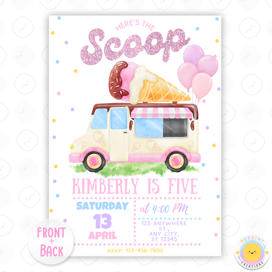 Here’s the scoop – it’s party time!
This adorable pink ice cream truck invitation is the perfect way to kick off a sweet celebration. Featuring glitter-style “Here’s the Scoop” text, pastel colors, and a fun dessert theme, this editable and printable invite is perfect for ice cream parties, summer birthdays, or any treat-loving little girl! Instant download.
