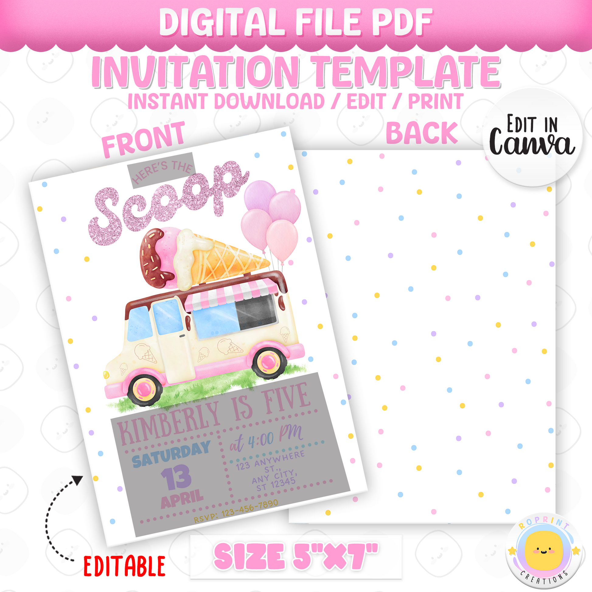 Here’s the scoop – it’s party time!
This adorable pink ice cream truck invitation is the perfect way to kick off a sweet celebration. Featuring glitter-style “Here’s the Scoop” text, pastel colors, and a fun dessert theme, this editable and printable invite is perfect for ice cream parties, summer birthdays, or any treat-loving little girl! Instant download.