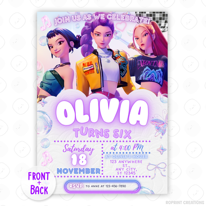 No more hiding, it’s time to shine! Create the ultimate KPOP Demon Hunters celebration with this editable Canva invitation—perfect for printing or sharing digitally. Instant Download